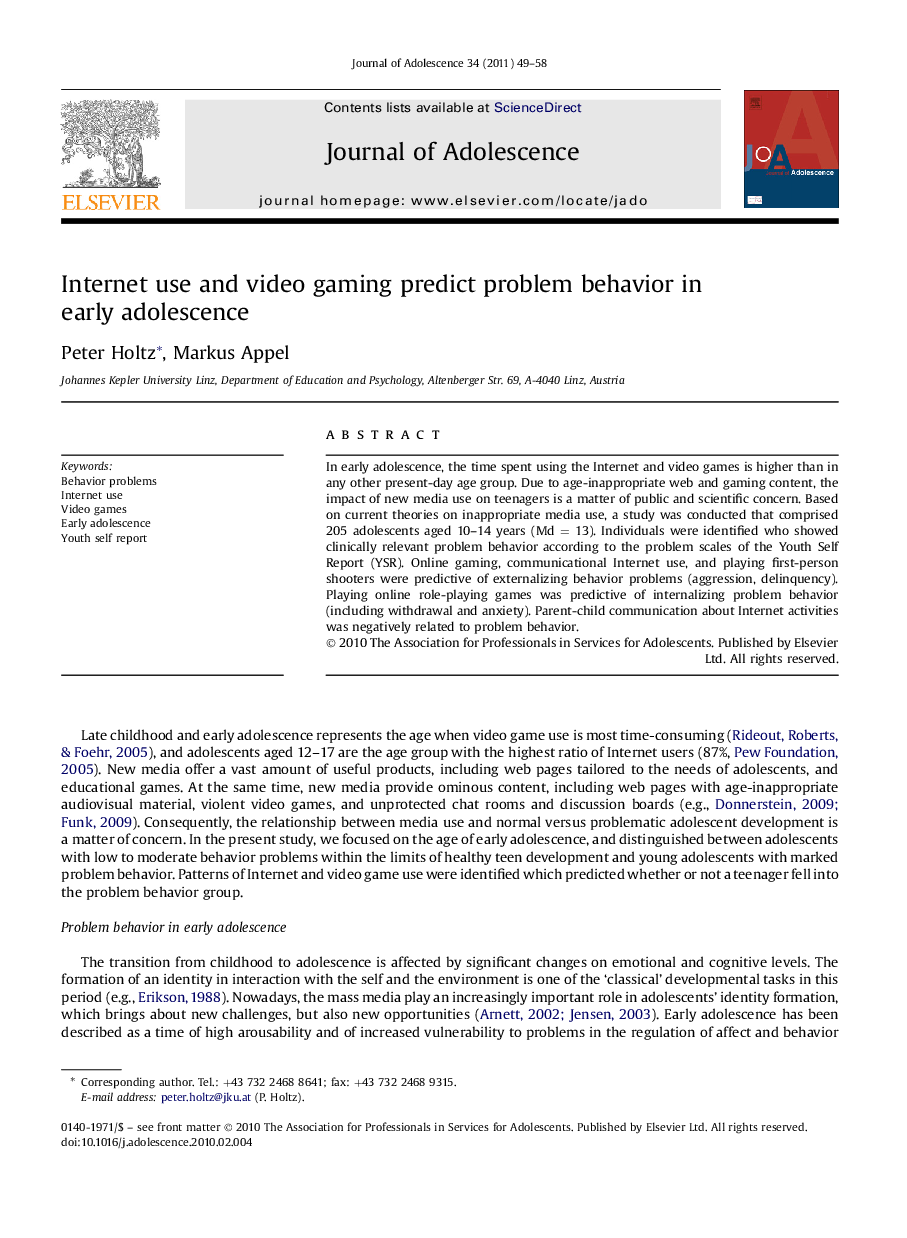 Internet use and video gaming predict problem behavior in early adolescence