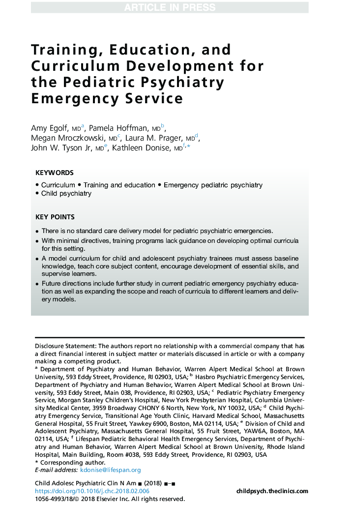 Training, Education, and Curriculum Development for the Pediatric Psychiatry Emergency Service