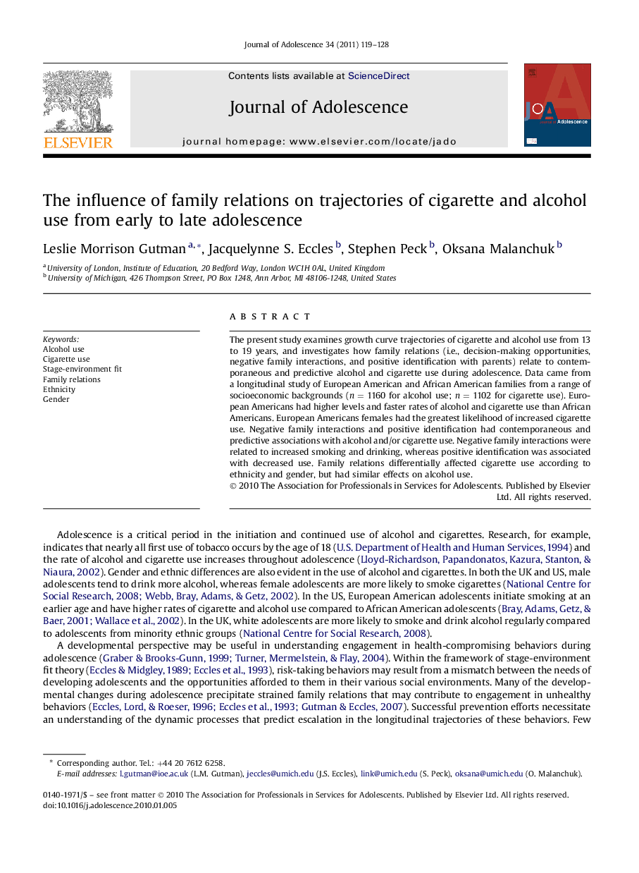 The influence of family relations on trajectories of cigarette and alcohol use from early to late adolescence