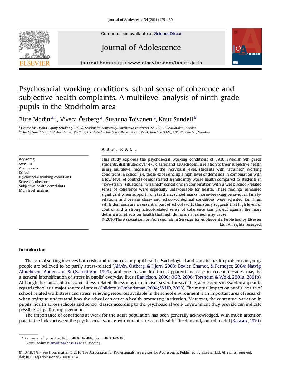 Psychosocial working conditions, school sense of coherence and subjective health complaints. A multilevel analysis of ninth grade pupils in the Stockholm area