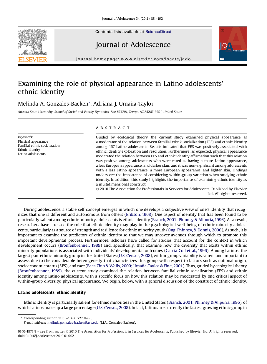 Examining the role of physical appearance in Latino adolescents' ethnic identity