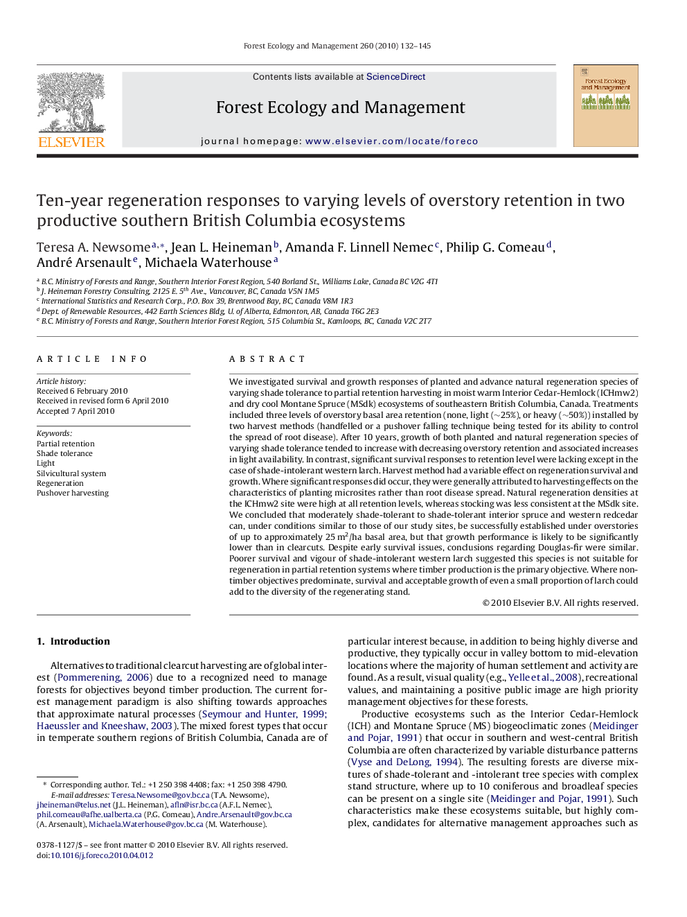 Ten-year regeneration responses to varying levels of overstory retention in two productive southern British Columbia ecosystems