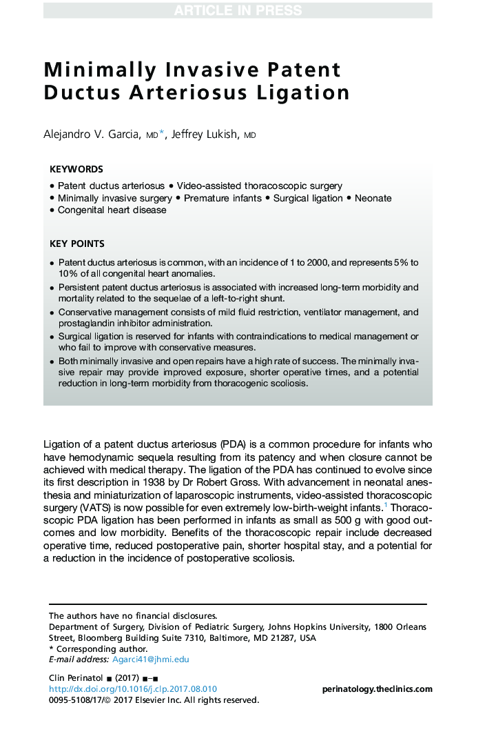 Minimally Invasive Patent Ductus Arteriosus Ligation