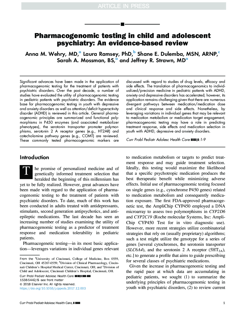 Pharmacogenomic Testing in Child and Adolescent Psychiatry: An Evidence-Based Review