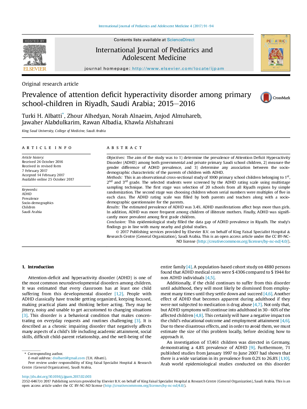 Prevalence of attention deficit hyperactivity disorder among primary school-children in Riyadh, Saudi Arabia; 2015-2016