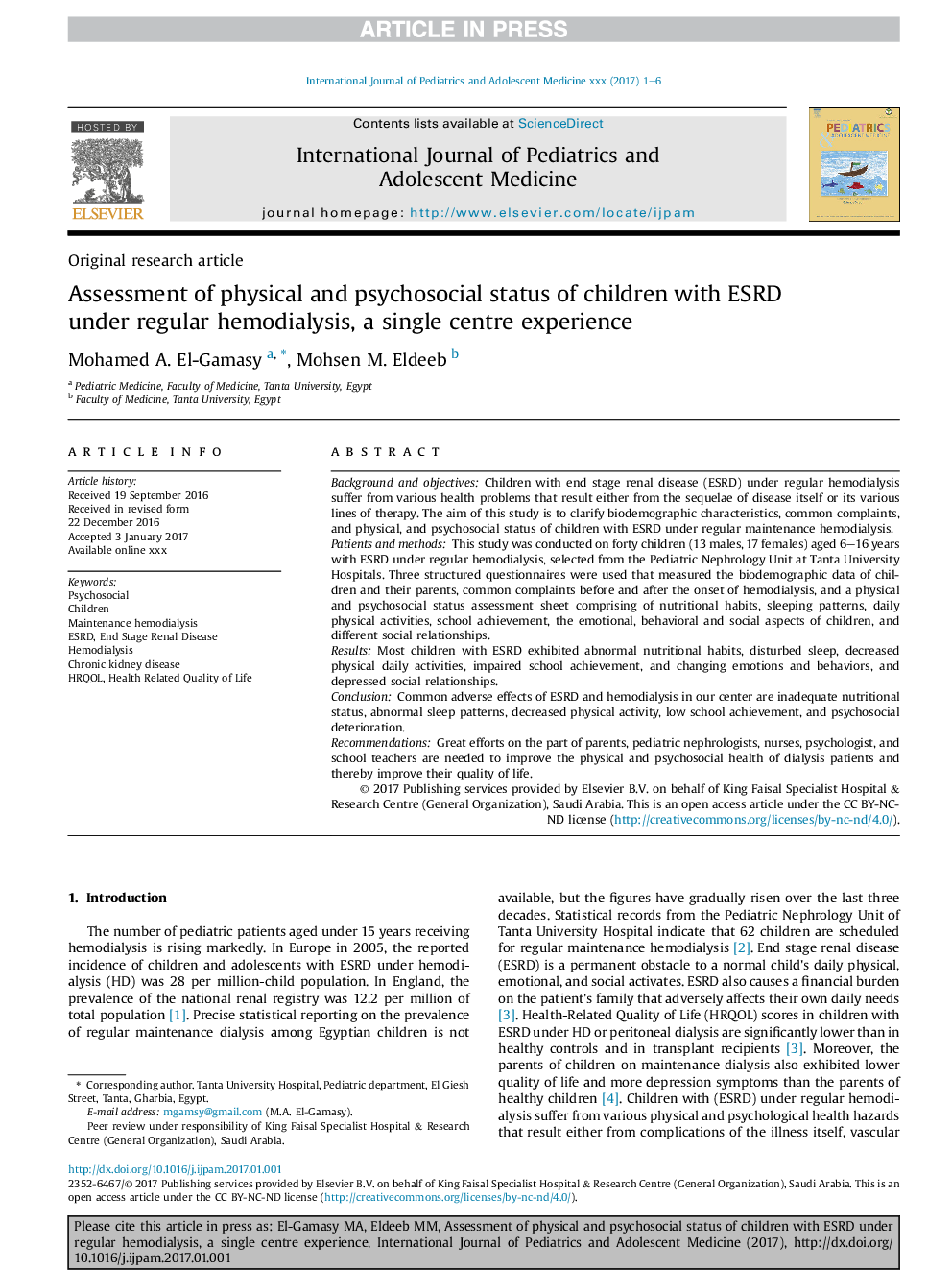 Assessment of physical and psychosocial status of children with ESRD under regular hemodialysis, a single centre experience