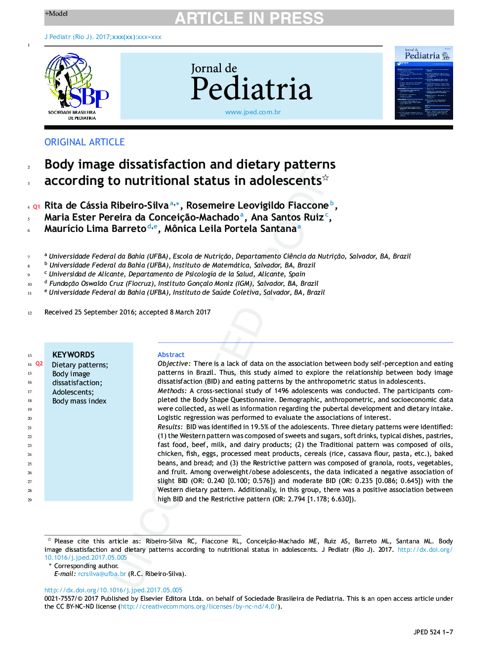 Body image dissatisfaction and dietary patterns according to nutritional status in adolescents