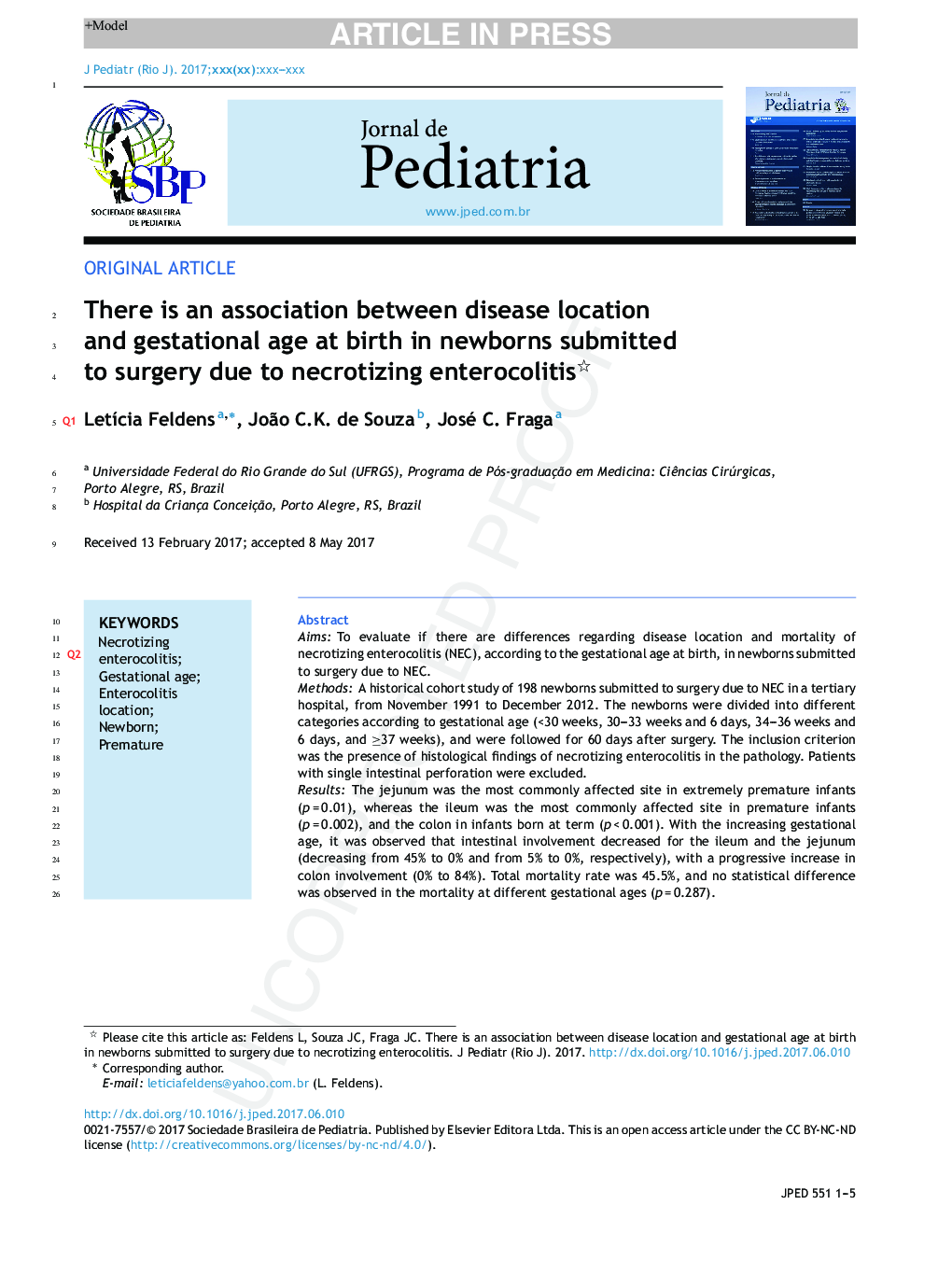 There is an association between disease location and gestational age at birth in newborns submitted to surgery due to necrotizing enterocolitis
