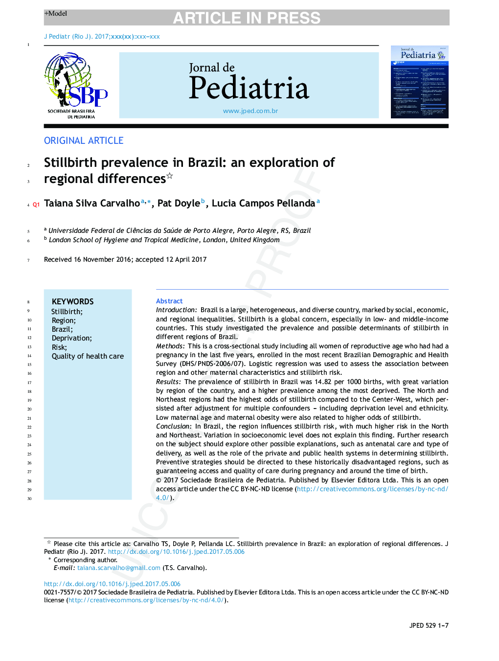 Stillbirth prevalence in Brazil: an exploration of regional differences