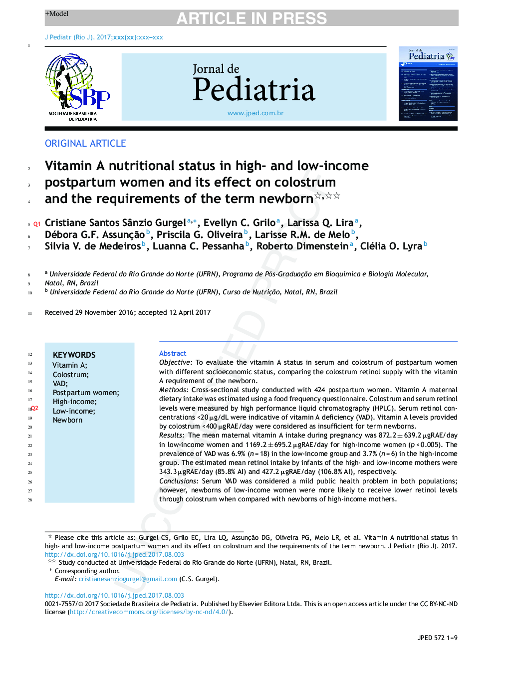 Vitamin A nutritional status in high- and low-income postpartum women and its effect on colostrum and the requirements of the term newborn
