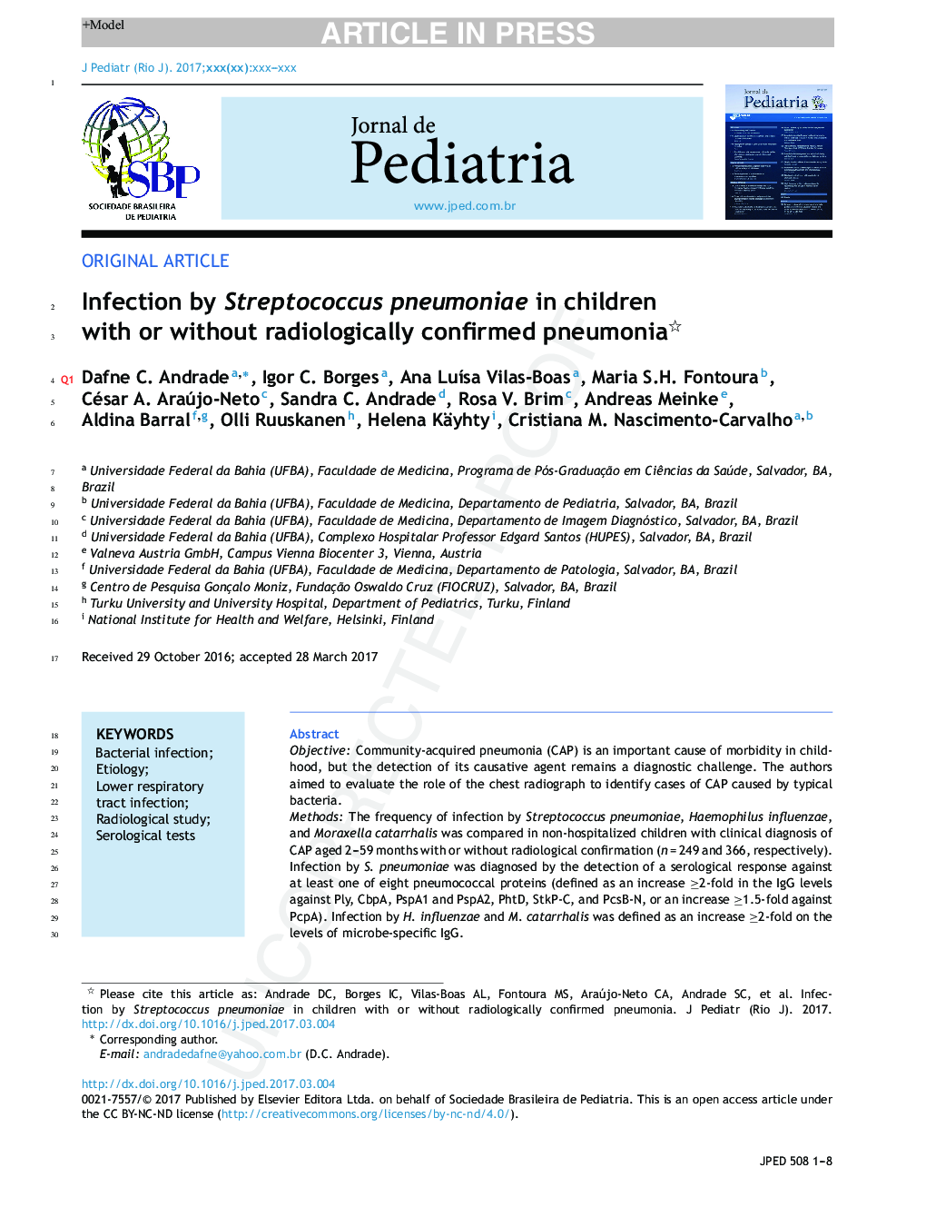 عفونت استرپتوکوک پنومونیه در کودکان با پنومونی تایید شده با رادیولوژیک یا بدون آن 