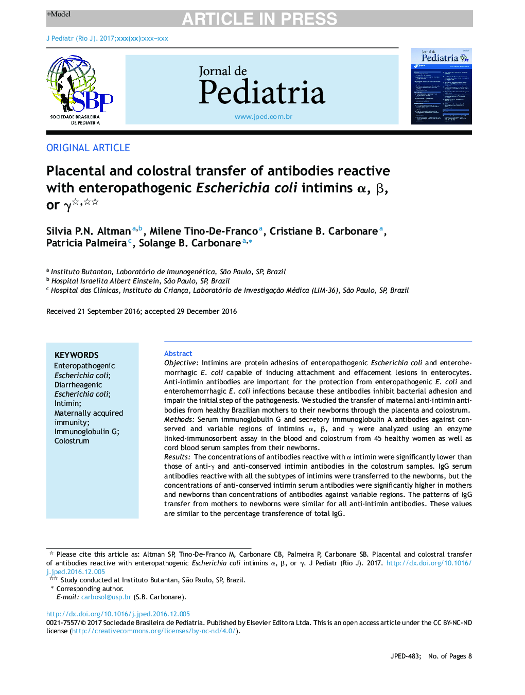 Placental and colostral transfer of antibodies reactive with enteropathogenic Escherichia coli intimins Î±, Î², or Î³