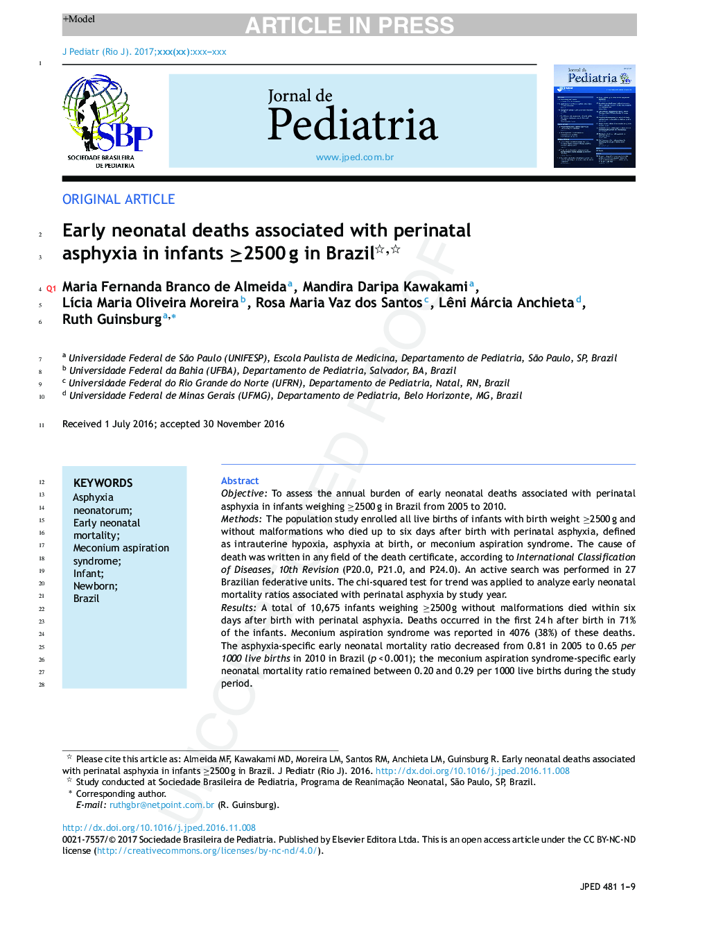 Early neonatal deaths associated with perinatal asphyxia in infants â¥2500Â g in Brazil