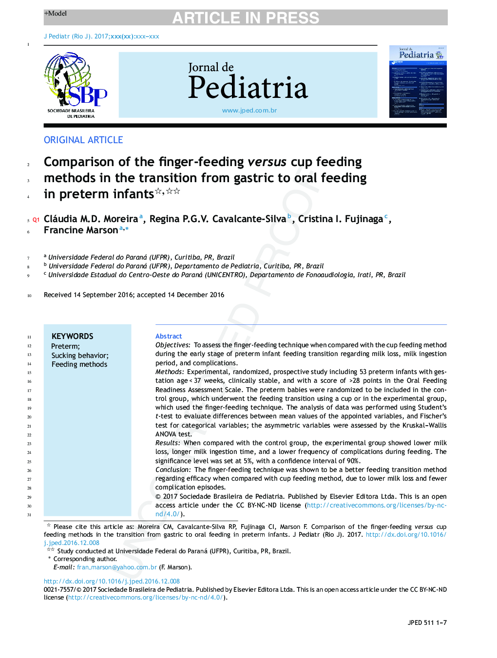 Comparison of the finger-feeding versus cup feeding methods in the transition from gastric to oral feeding in preterm infants