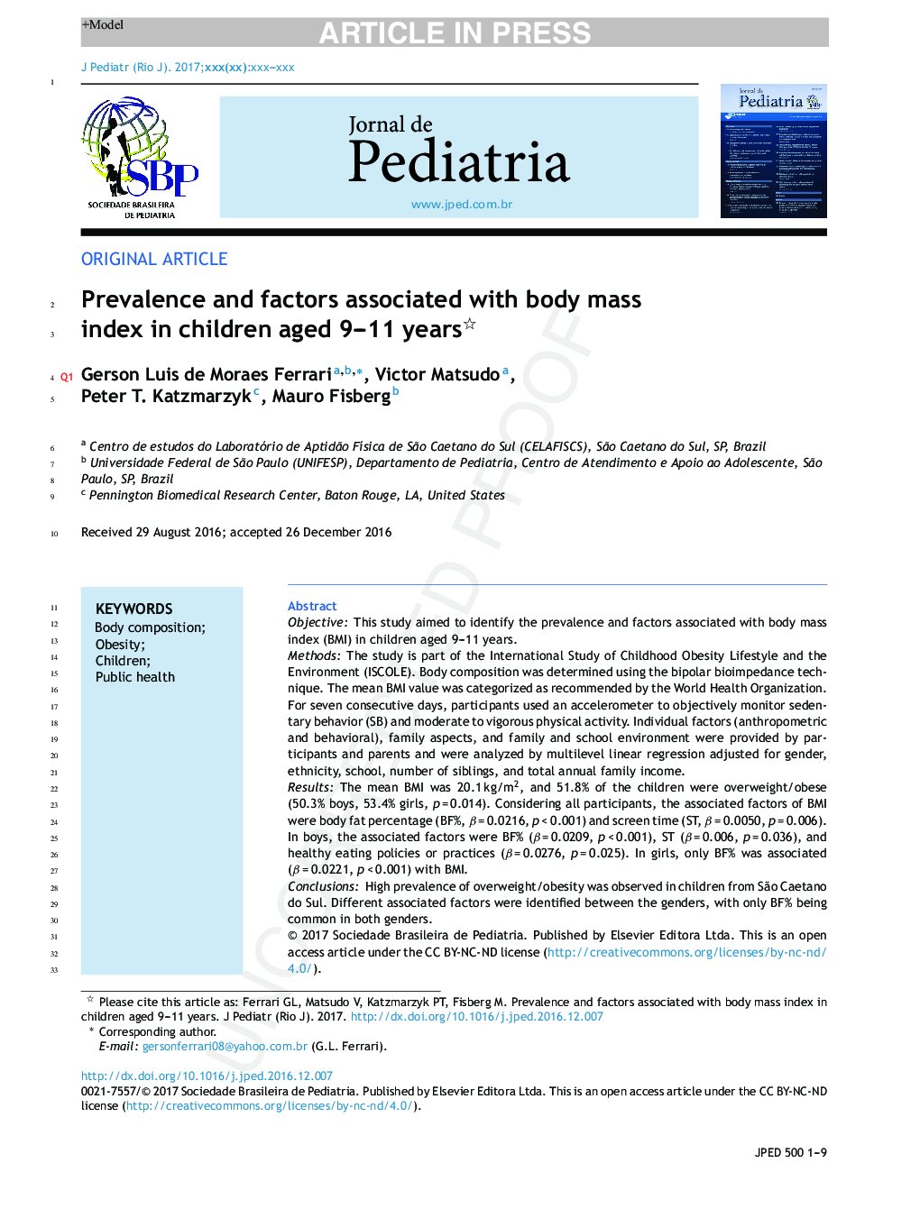 Prevalence and factors associated with body mass index in children aged 9-11 years