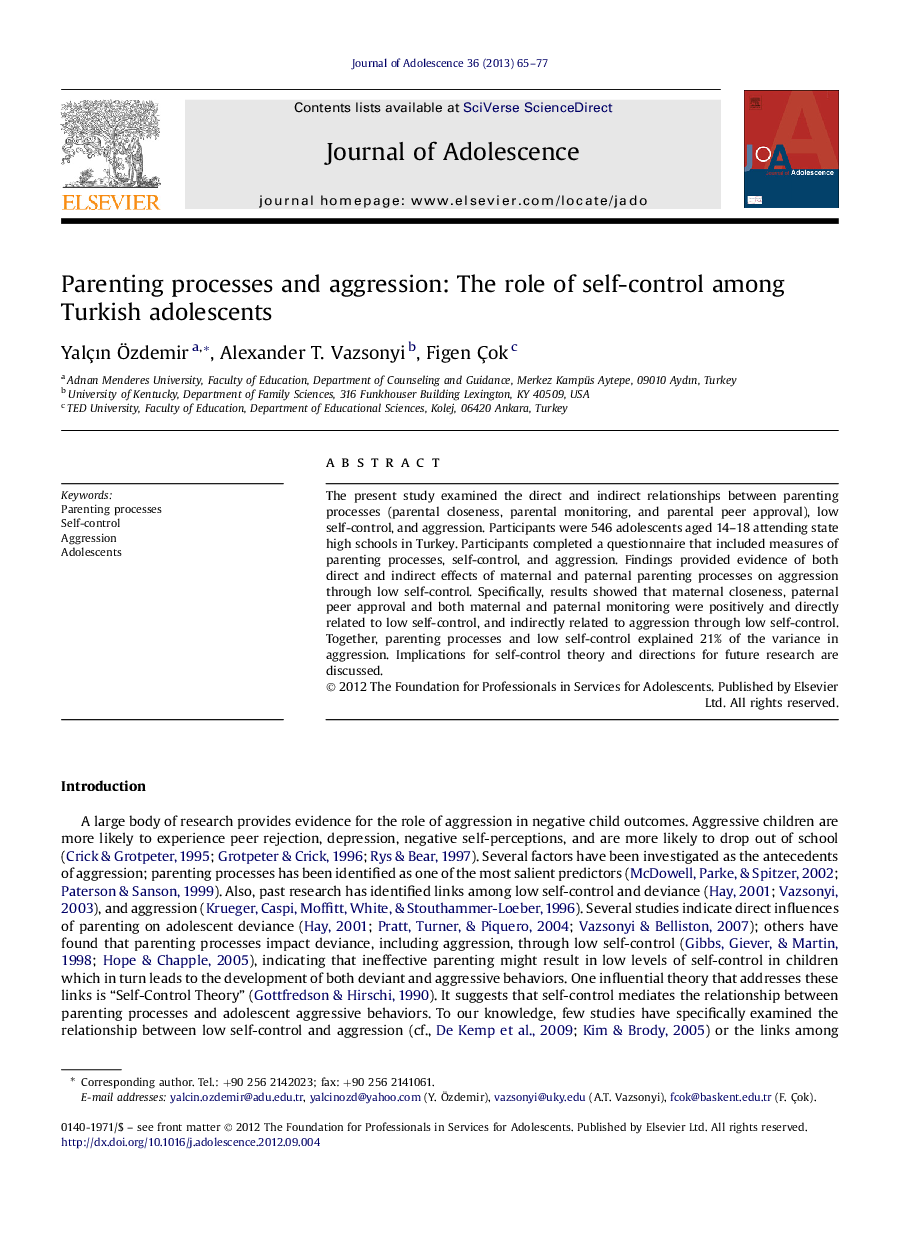 Parenting processes and aggression: The role of self-control among Turkish adolescents