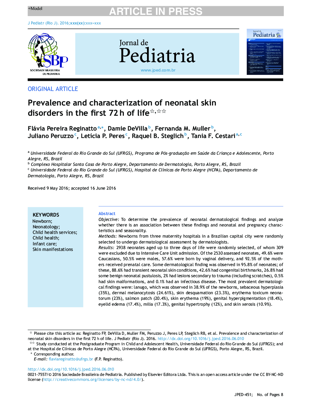 Prevalence and characterization of neonatal skin disorders in the first 72Â h of life