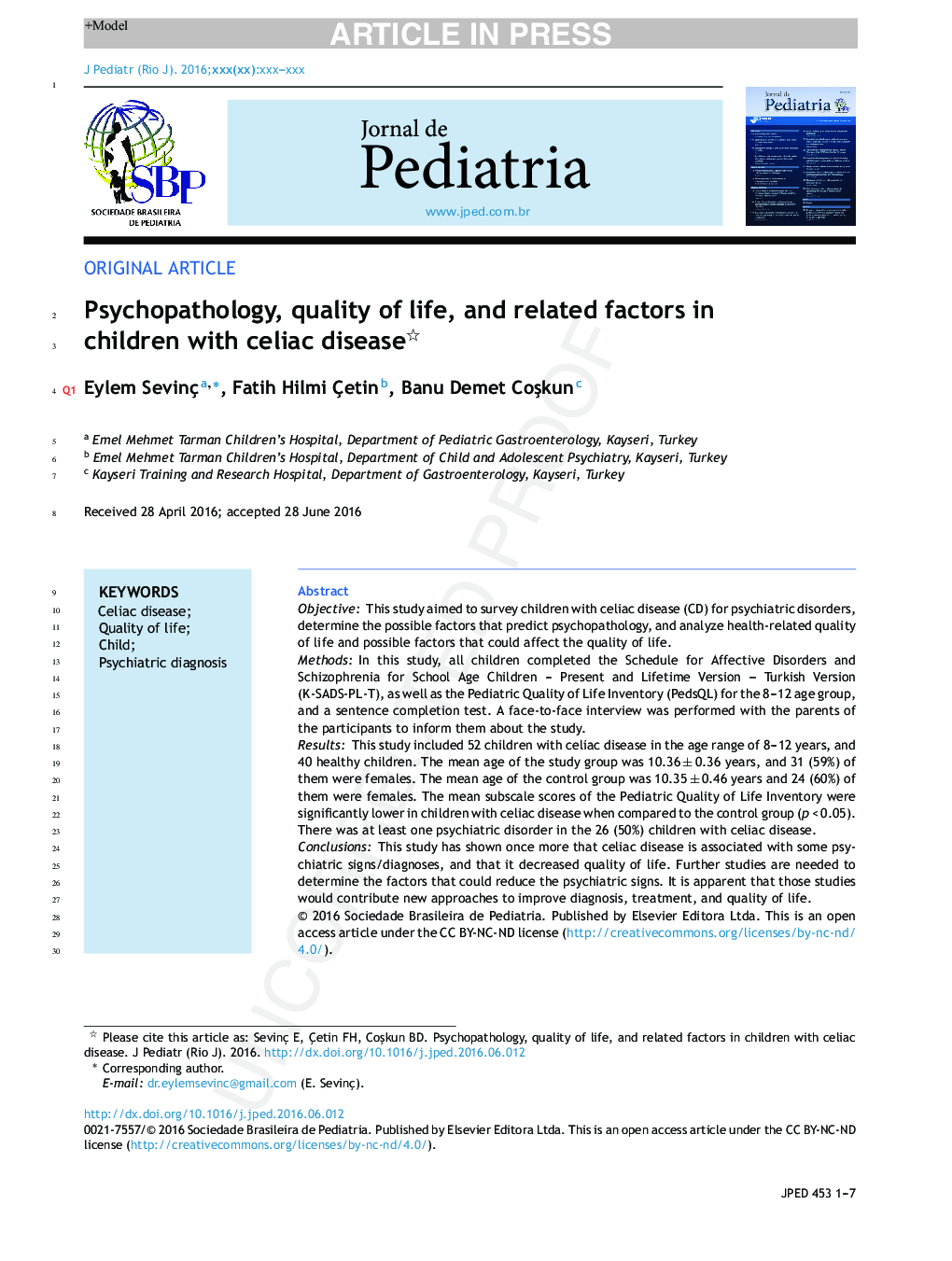 Psychopathology, quality of life, and related factors in children with celiac disease