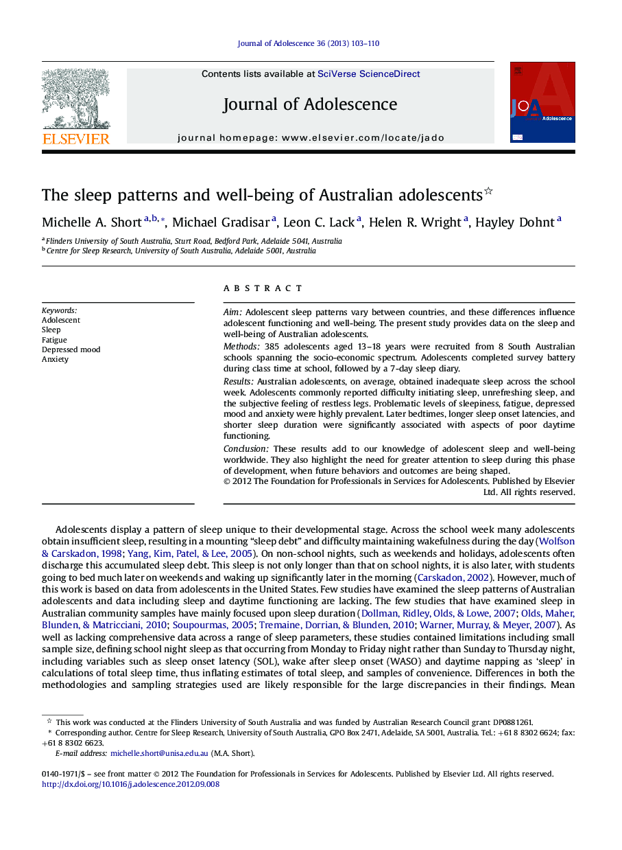 The sleep patterns and well-being of Australian adolescents 
