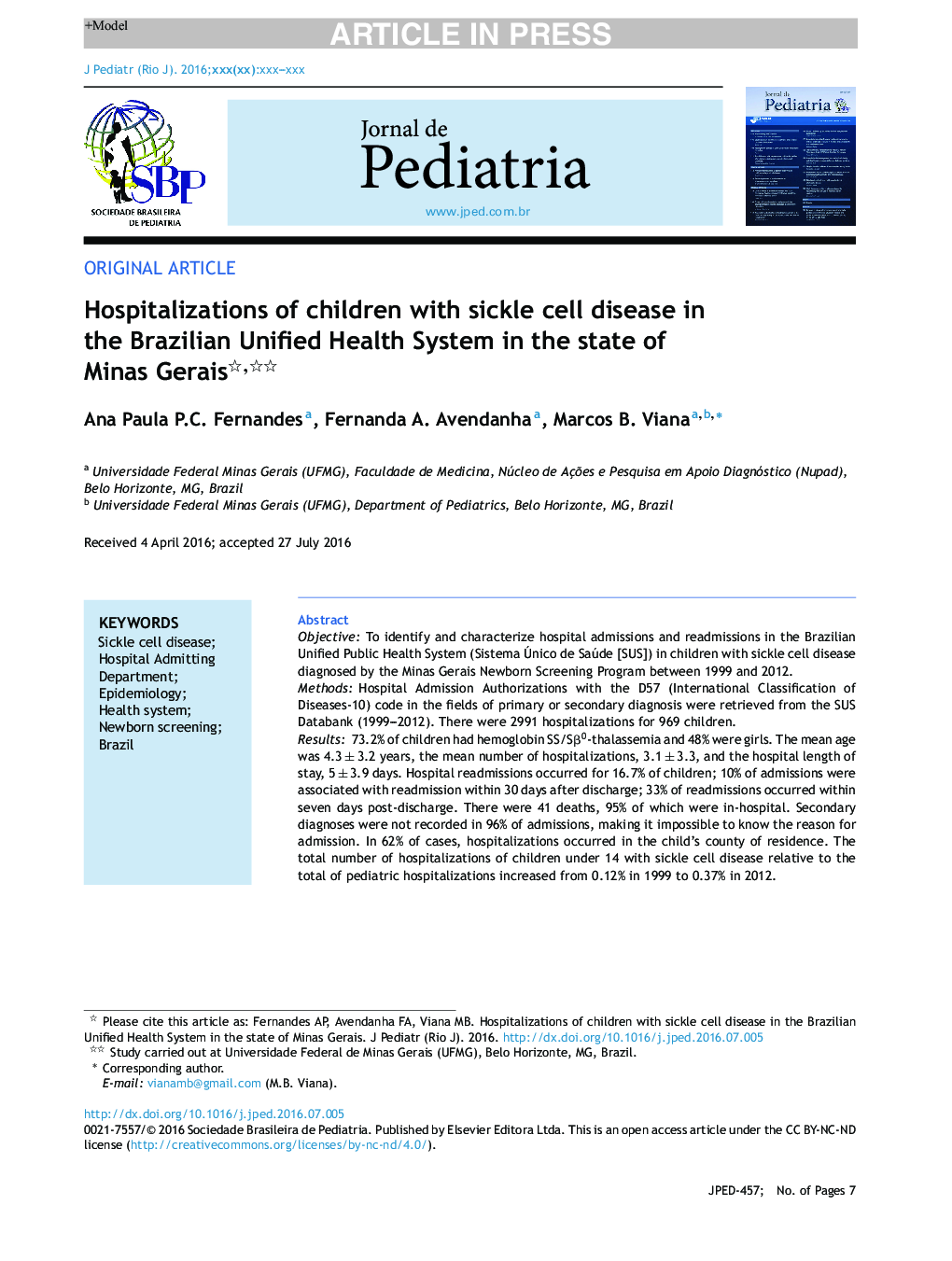 Hospitalizations of children with sickle cell disease in the Brazilian Unified Health System in the state of Minas Gerais