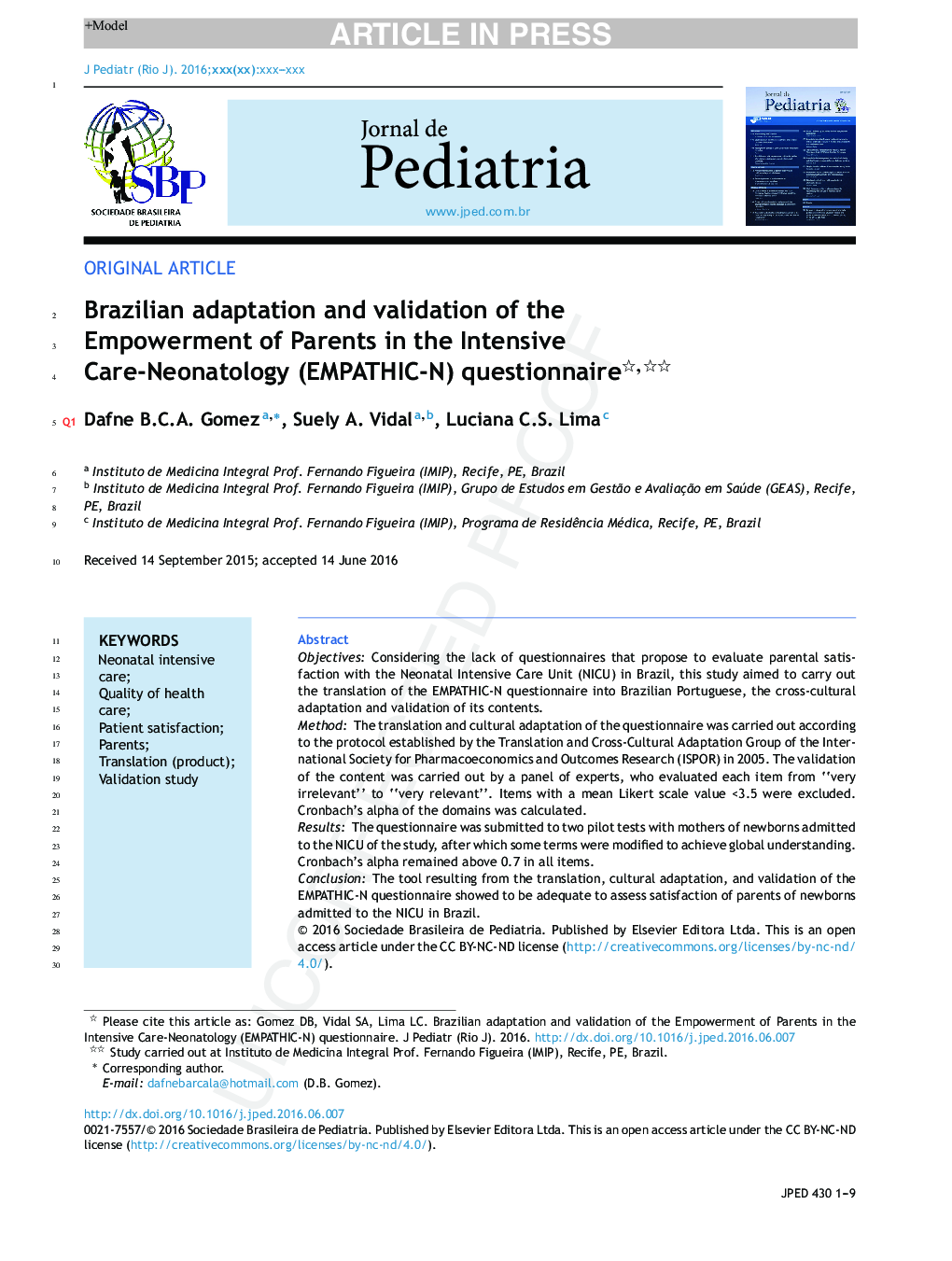 Brazilian adaptation and validation of the Empowerment of Parents in the Intensive Care-Neonatology (EMPATHIC-N) questionnaire