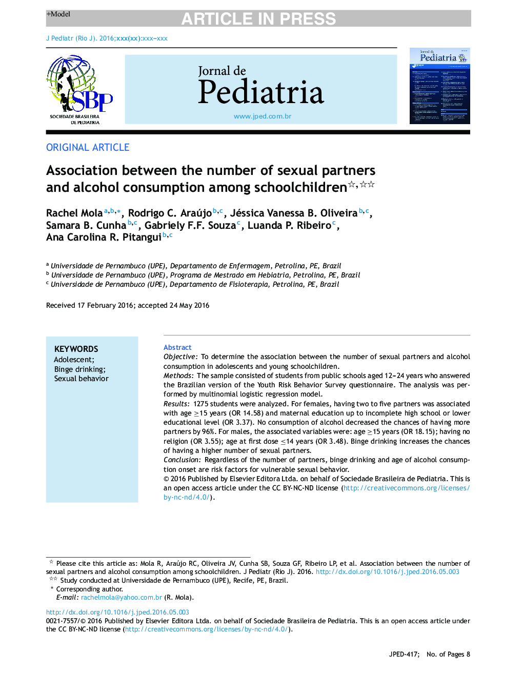 Association between the number of sexual partners and alcohol consumption among schoolchildren