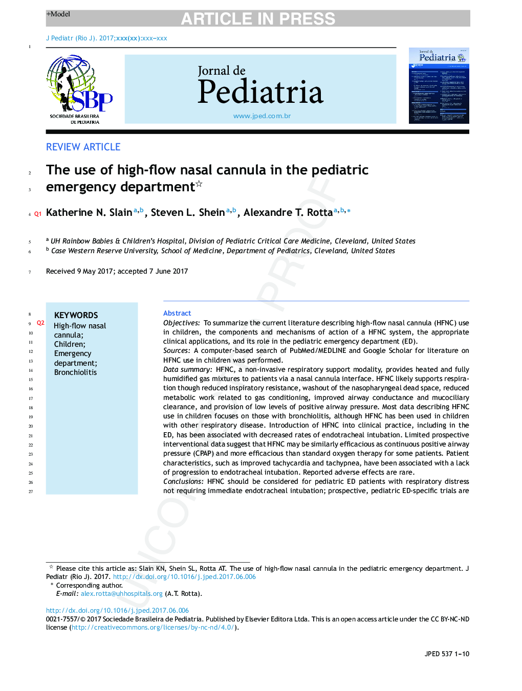 The use of high-flow nasal cannula in the pediatric emergency department