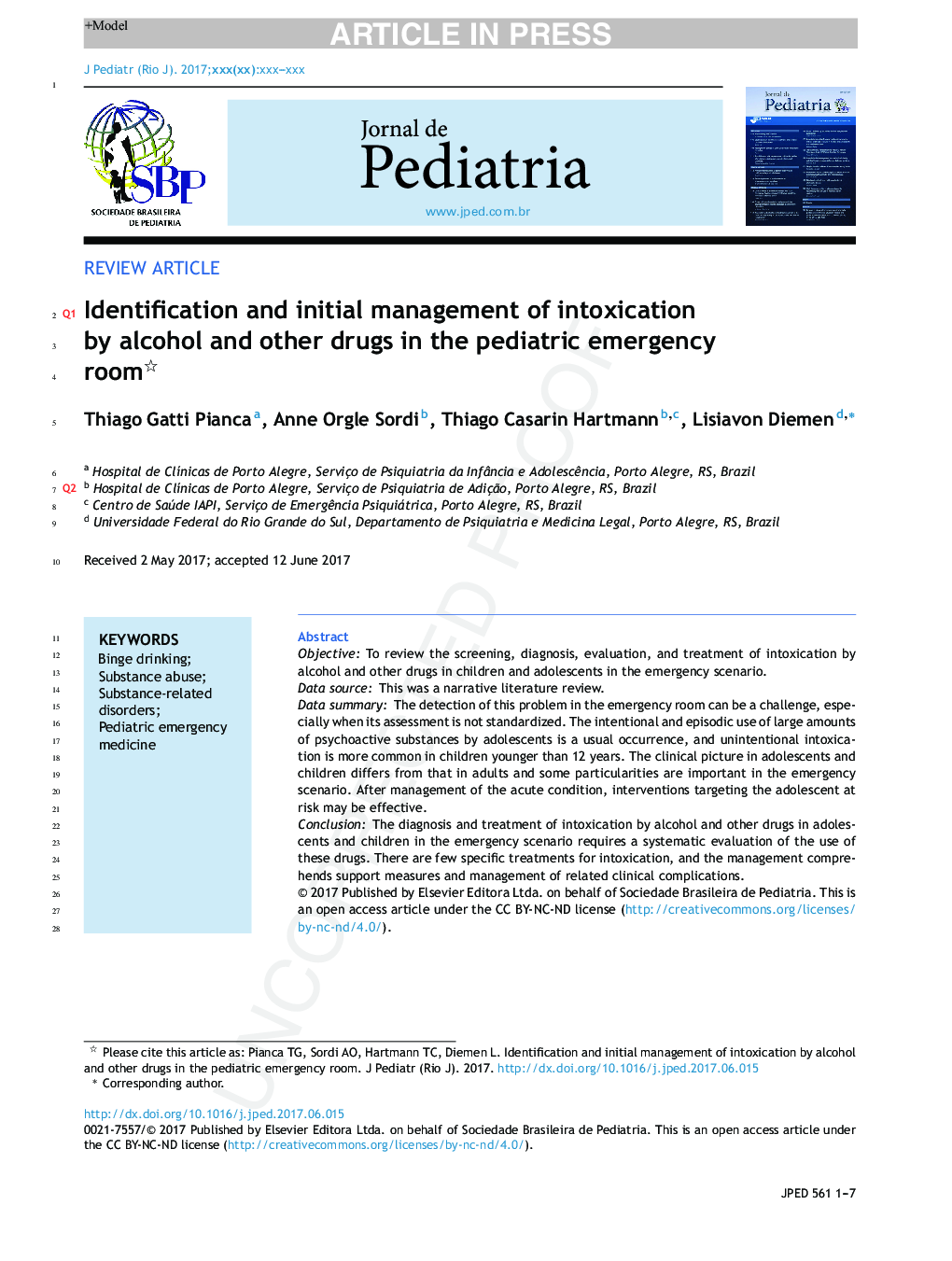 Identification and initial management of intoxication by alcohol and other drugs in the pediatric emergency room