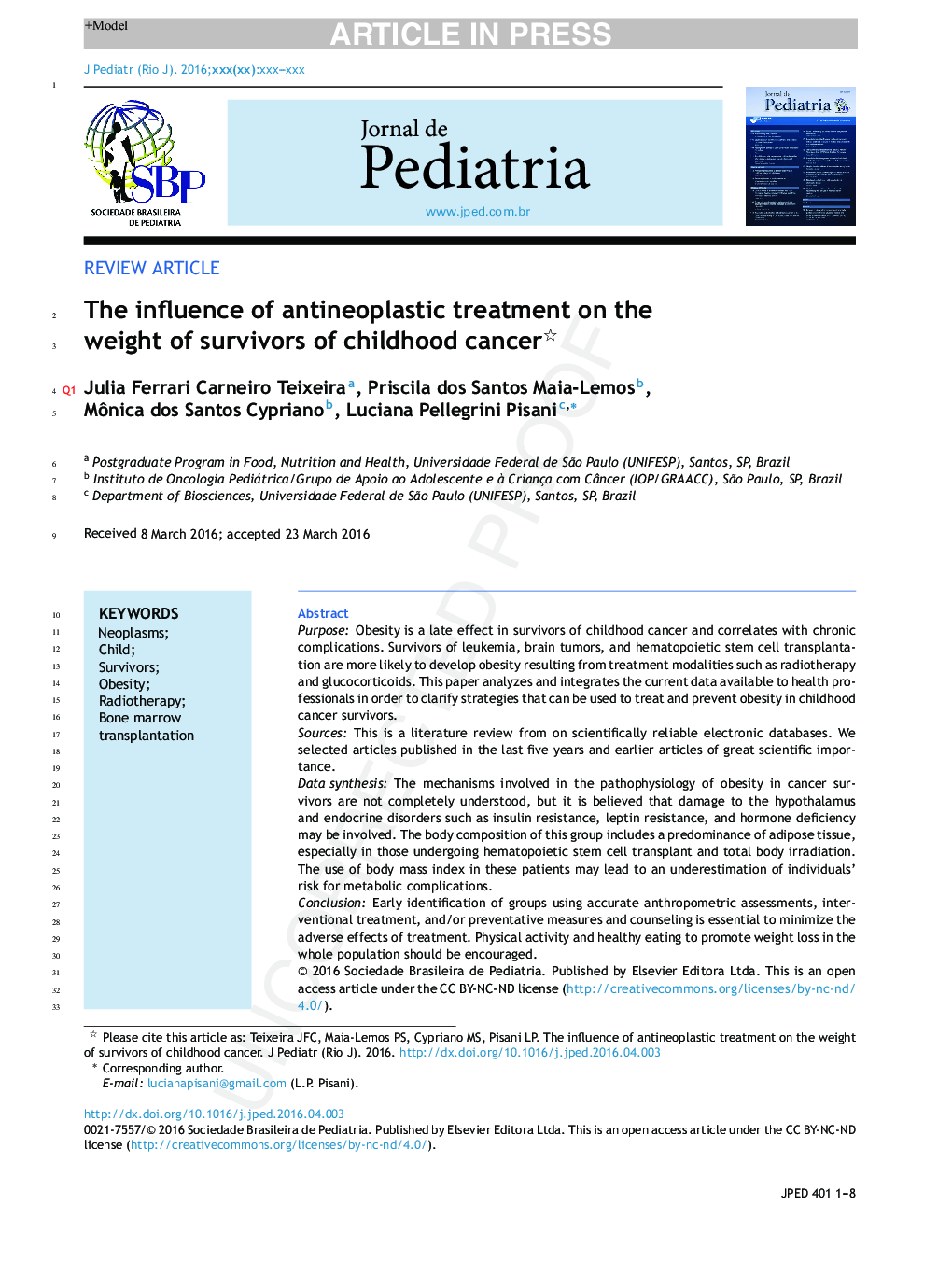 The influence of antineoplastic treatment on the weight of survivors of childhood cancer