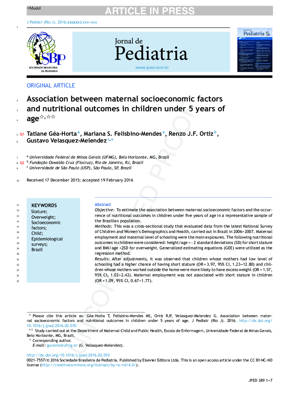 Association between maternal socioeconomic factors and nutritional outcomes in children under 5 years of age