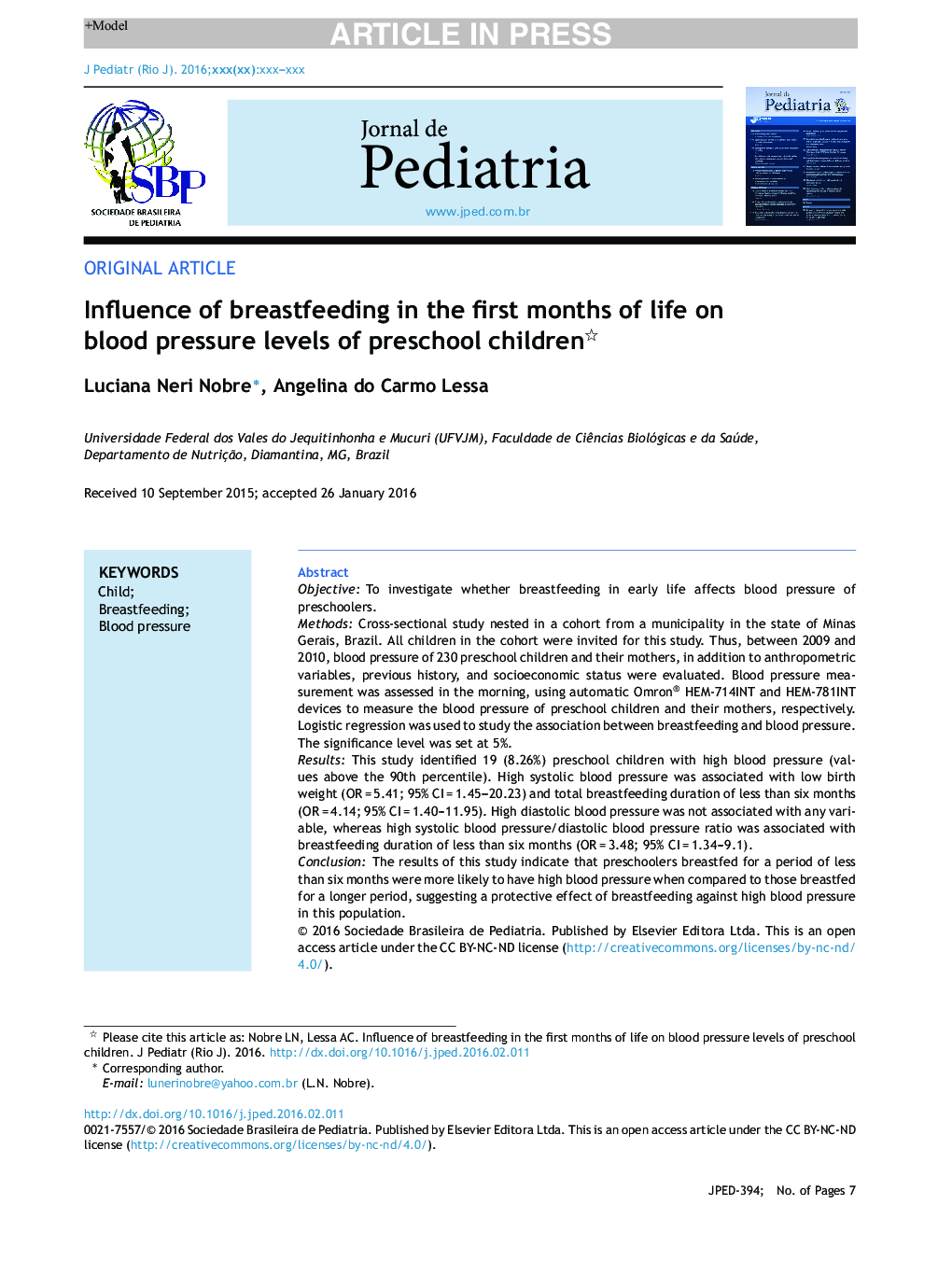 Influence of breastfeeding in the first months of life on blood pressure levels of preschool children
