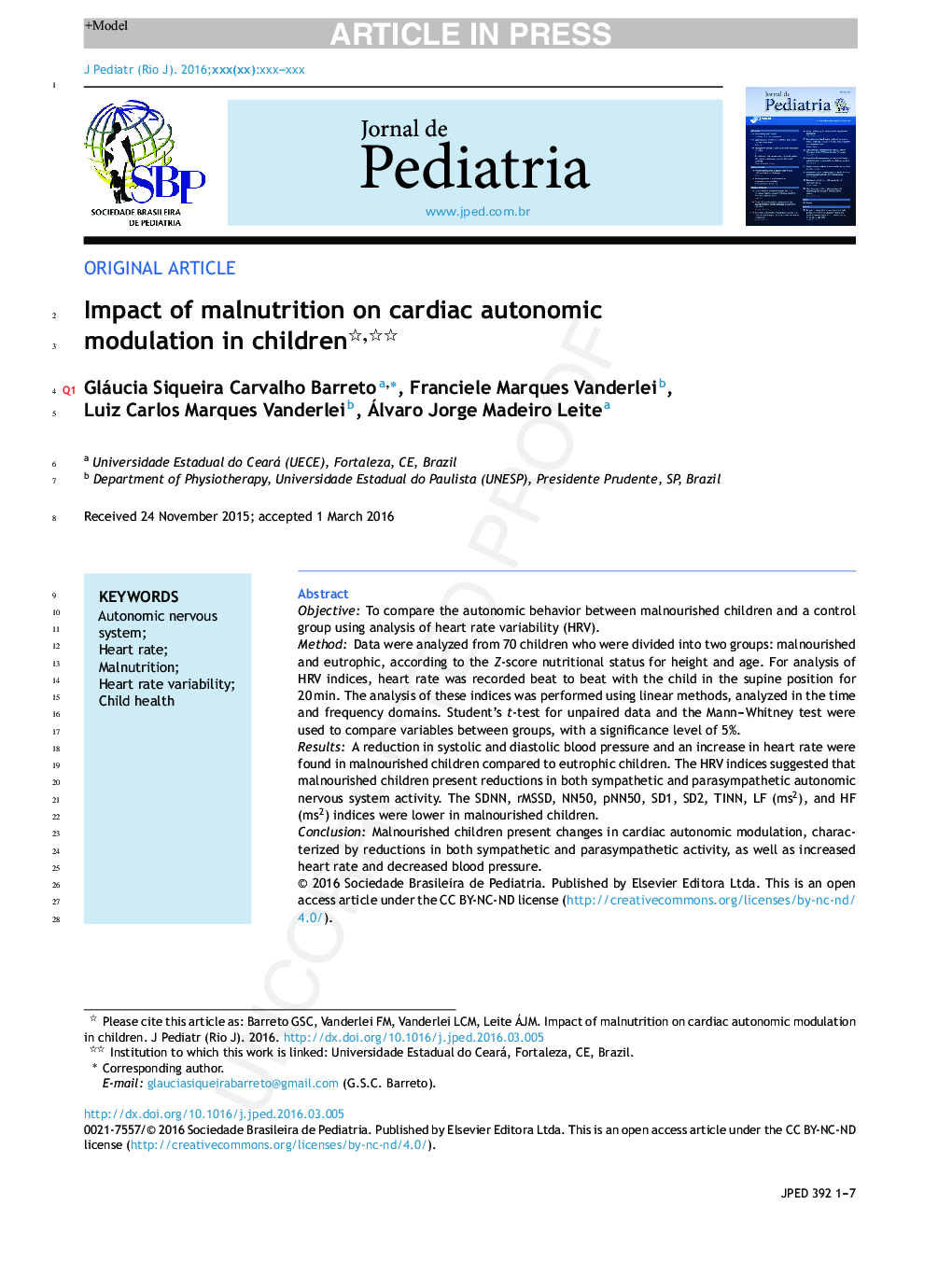 Impact of malnutrition on cardiac autonomic modulation in children