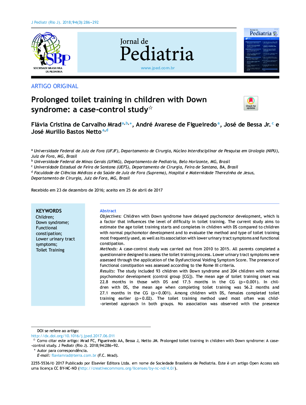 Prolonged toilet training in children with Down syndrome: a caseâcontrol study