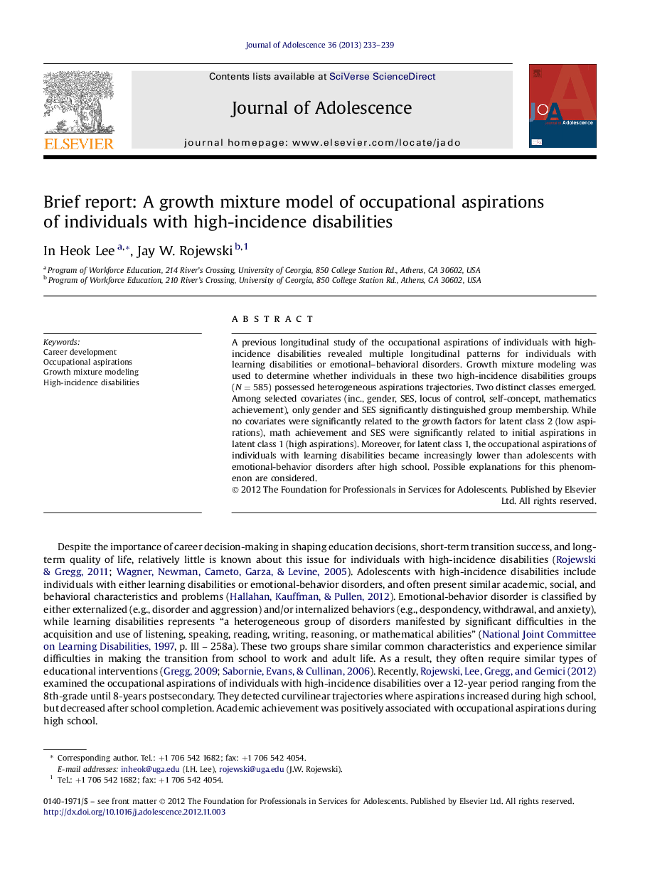 Brief report: A growth mixture model of occupational aspirations of individuals with high-incidence disabilities