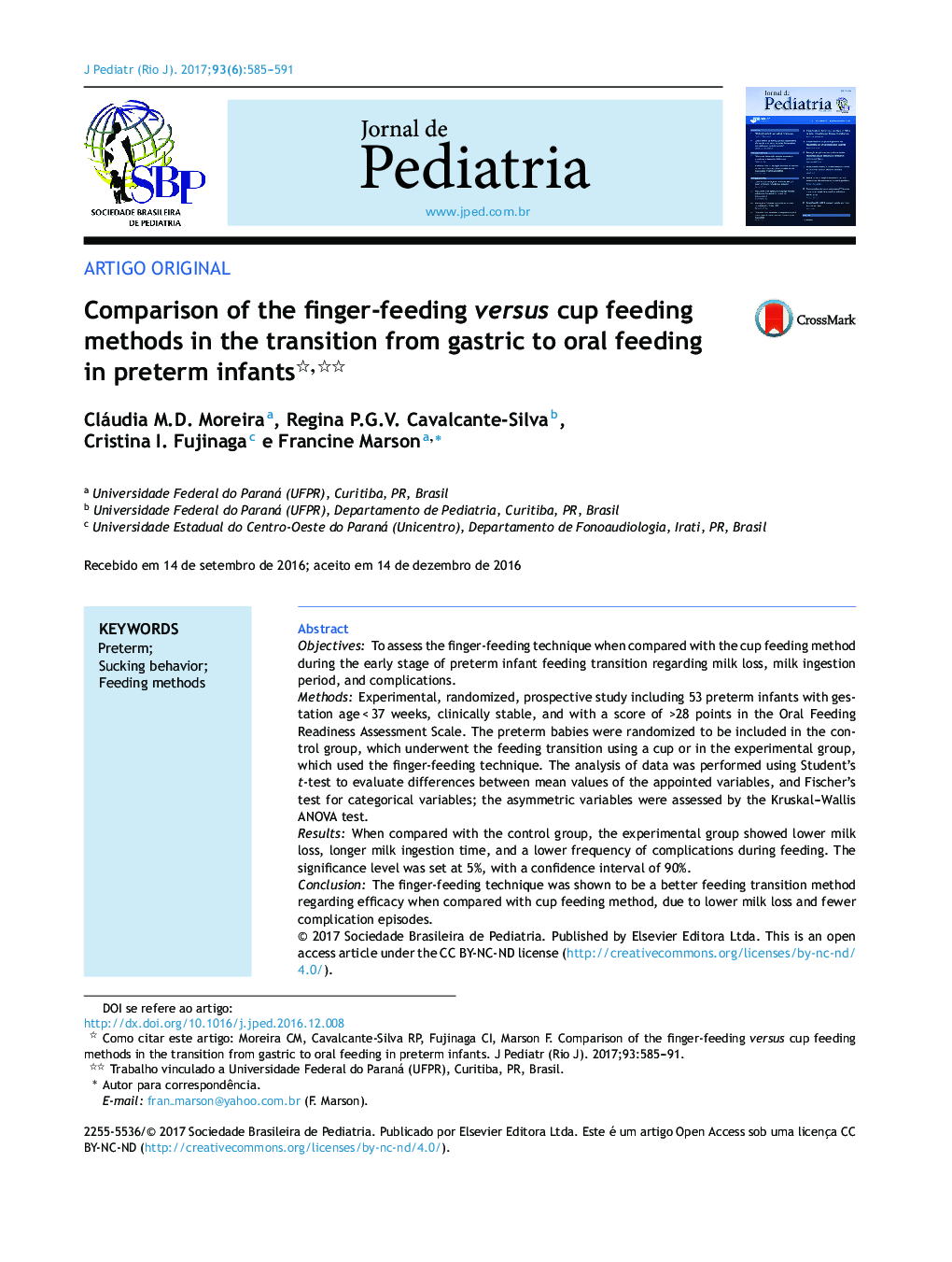 Comparison of the fingerâfeeding versus cup feeding methods in the transition from gastric to oral feeding in preterm infants