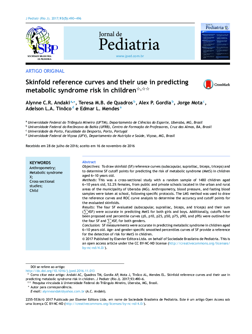 Skinfold reference curves and their use in predicting metabolic syndrome risk in children