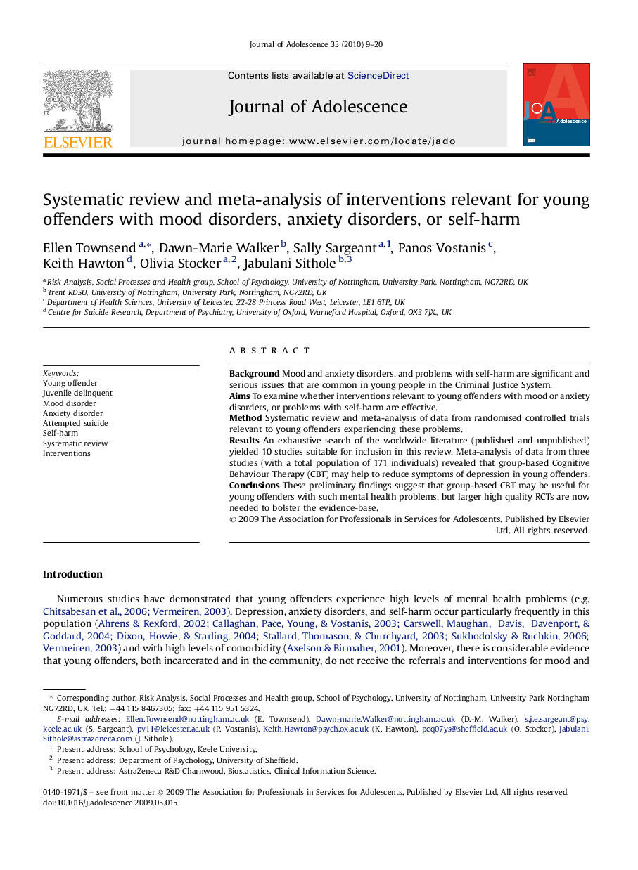 Systematic review and meta-analysis of interventions relevant for young offenders with mood disorders, anxiety disorders, or self-harm