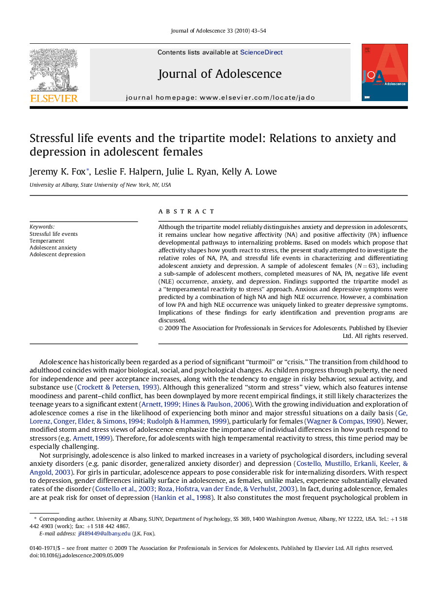 Stressful life events and the tripartite model: Relations to anxiety and depression in adolescent females