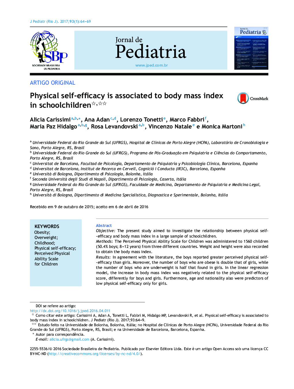 Physical selfâefficacy is associated to body mass index in schoolchildren