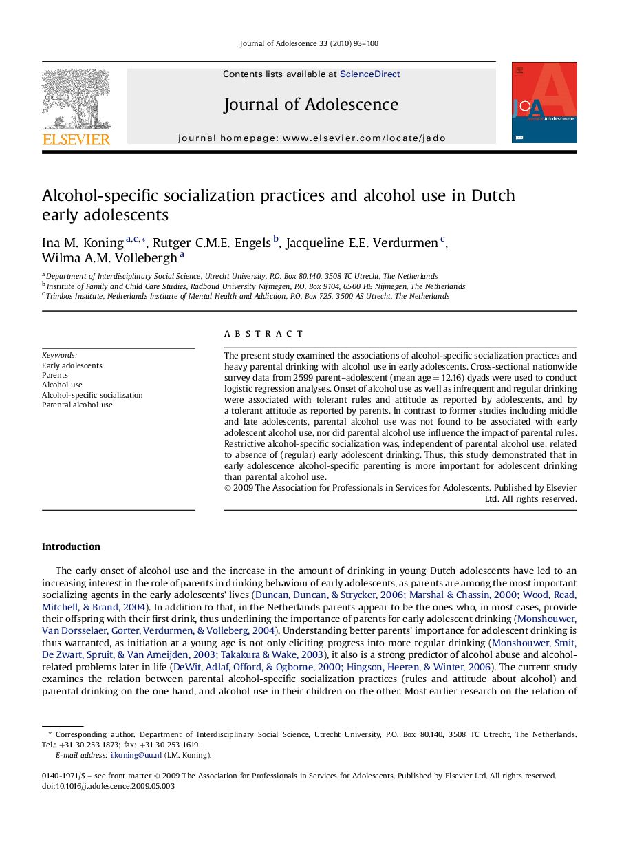 Alcohol-specific socialization practices and alcohol use in Dutch early adolescents