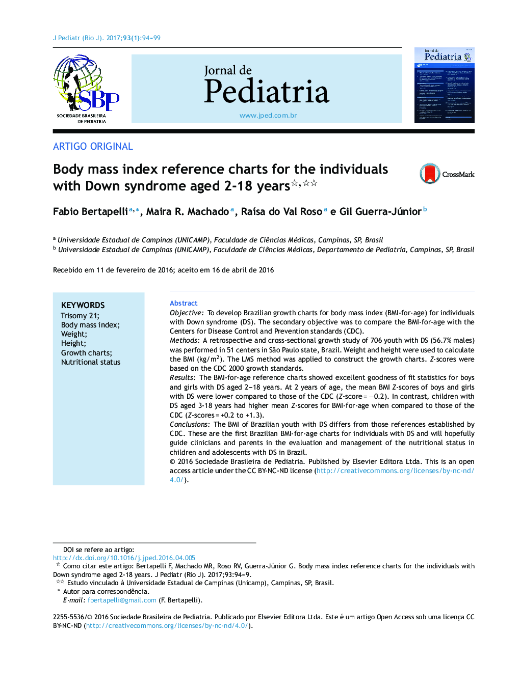 Body mass index reference charts for the individuals with Down syndrome aged 2â18 years