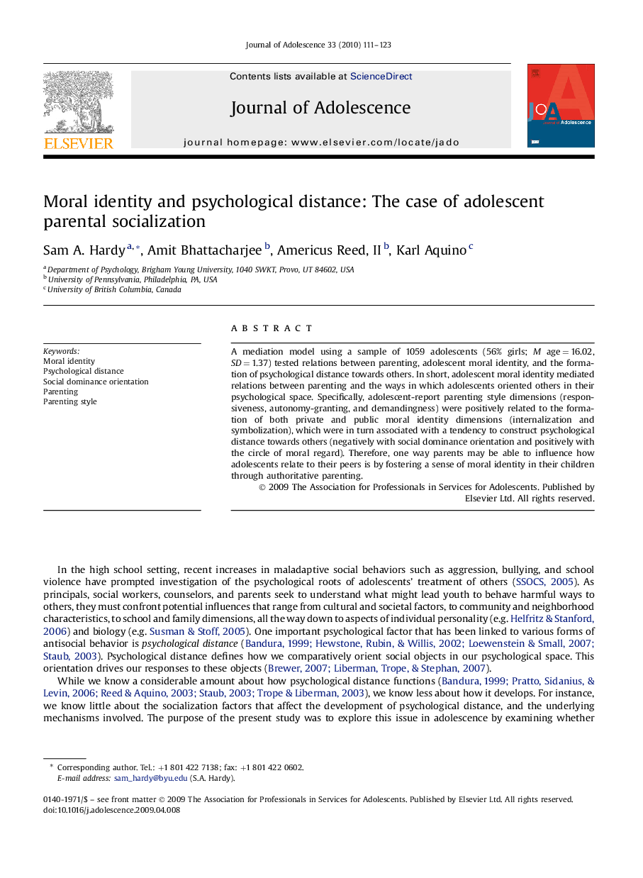 Moral identity and psychological distance: The case of adolescent parental socialization