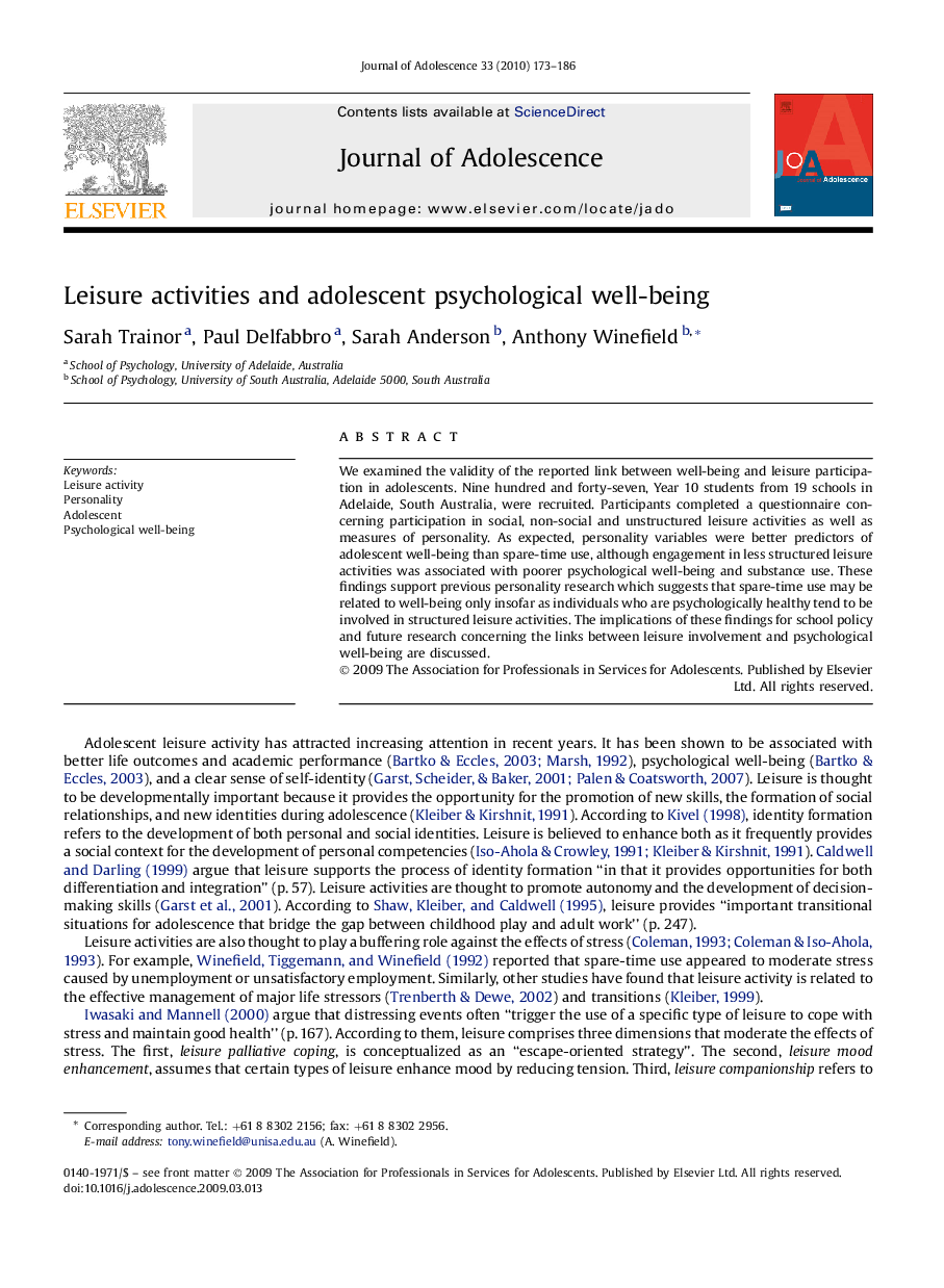 Leisure activities and adolescent psychological well-being