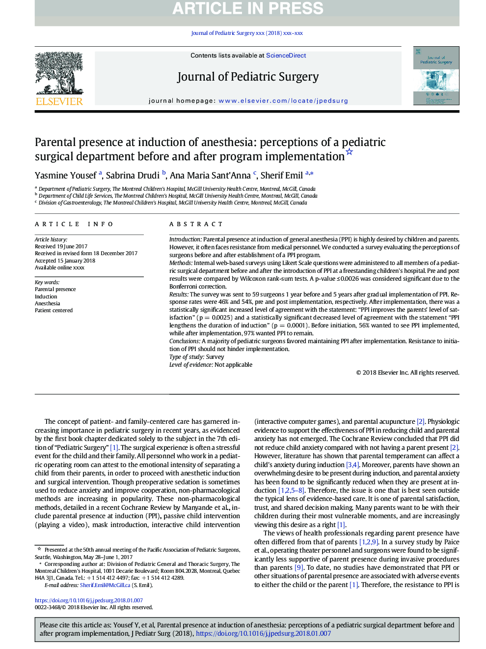 Parental presence at induction of anesthesia: perceptions of a pediatric surgical department before and after program implementation