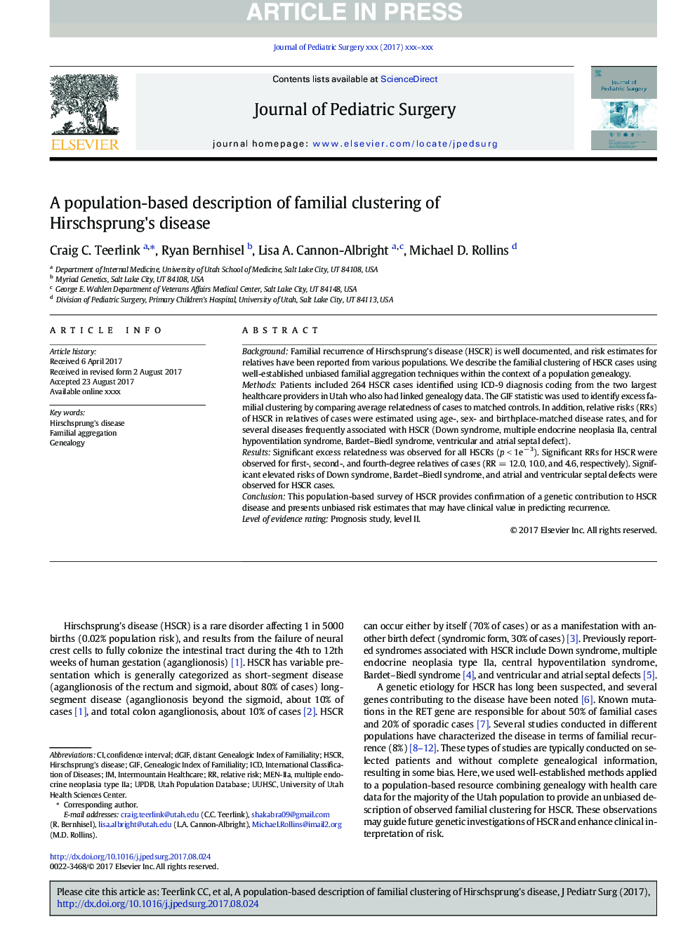 A population-based description of familial clustering of Hirschsprung disease