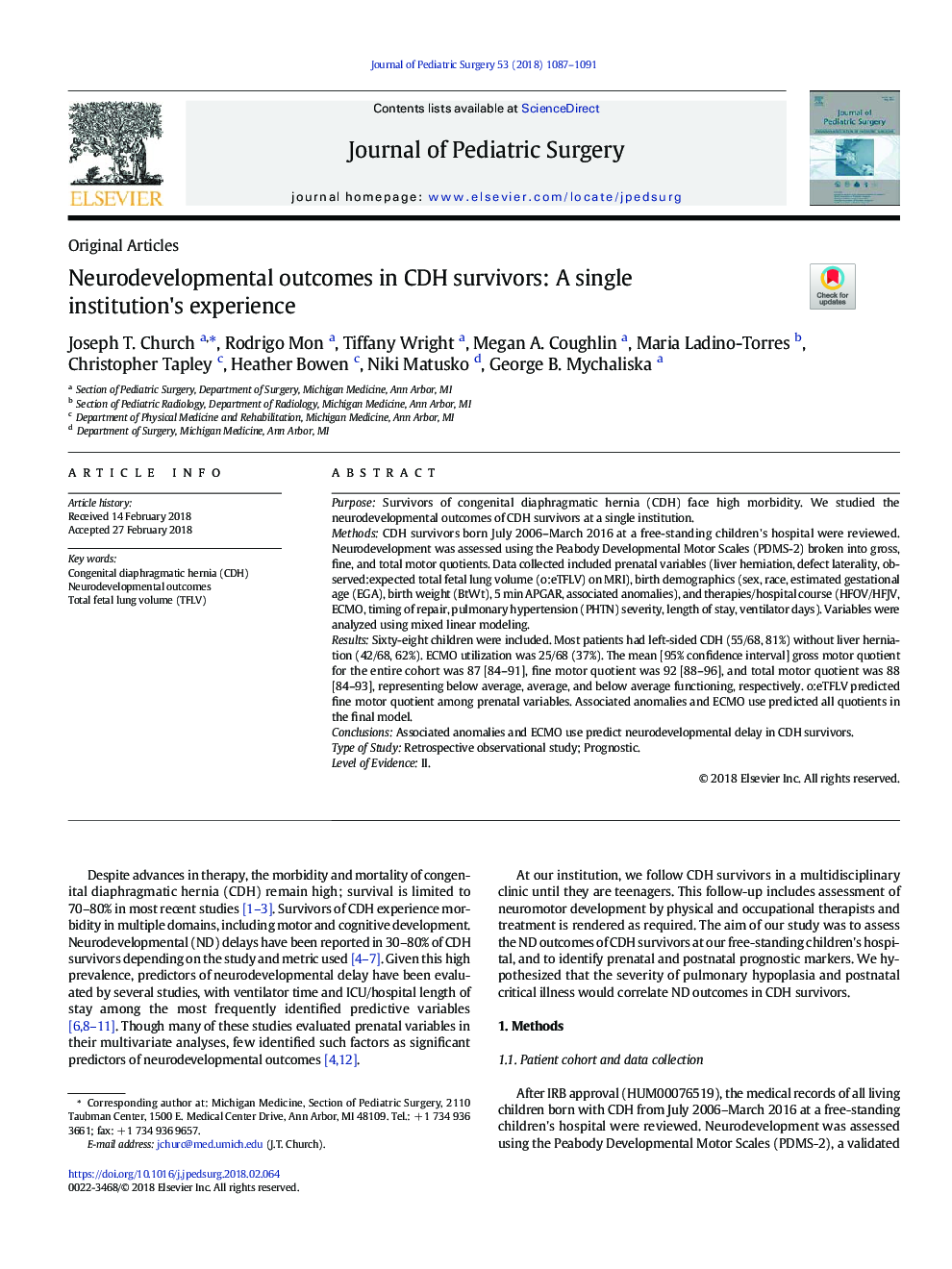 Neurodevelopmental outcomes in CDH survivors: A single institution's experience