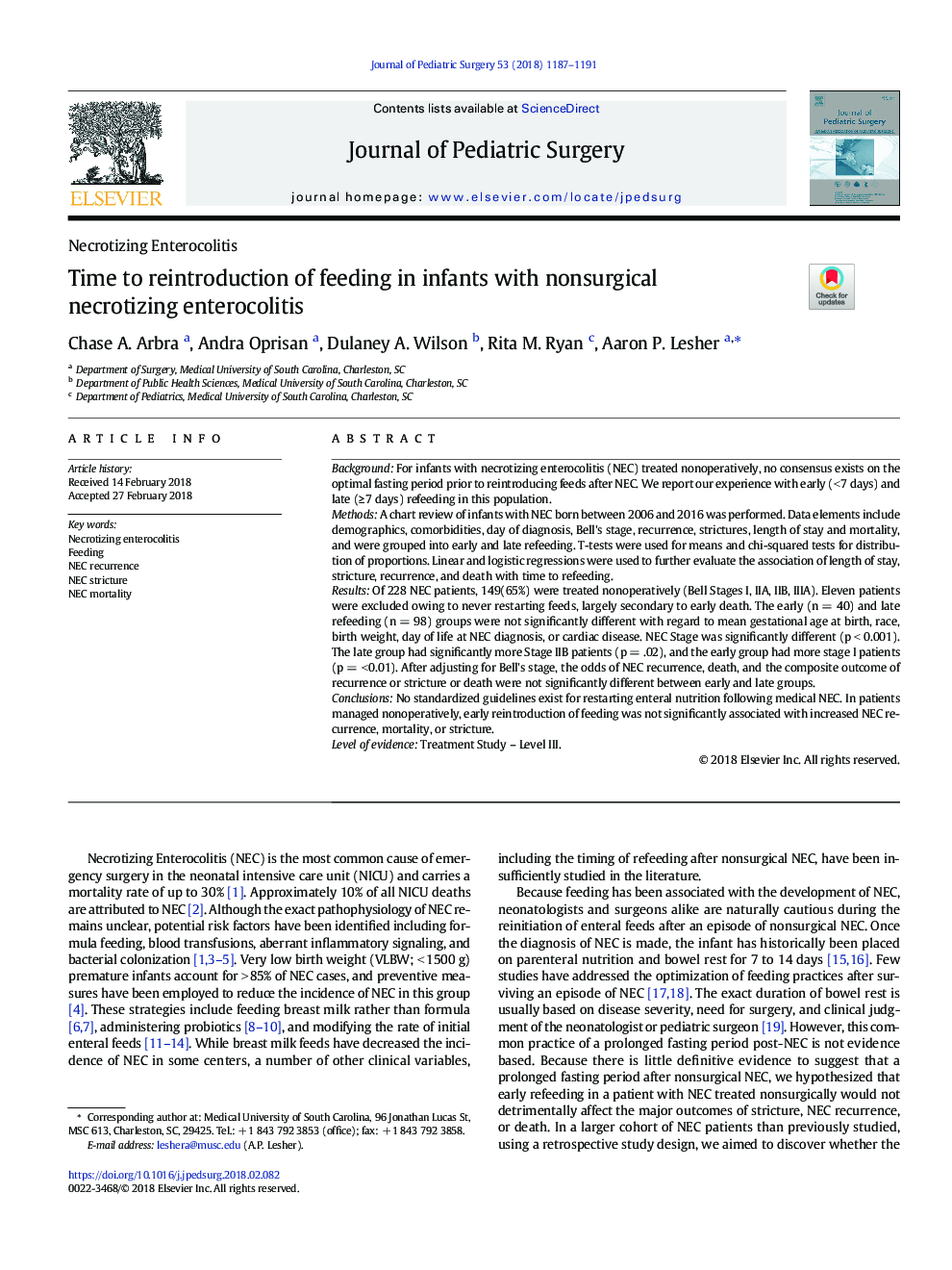 Time to reintroduction of feeding in infants with nonsurgical necrotizing enterocolitis