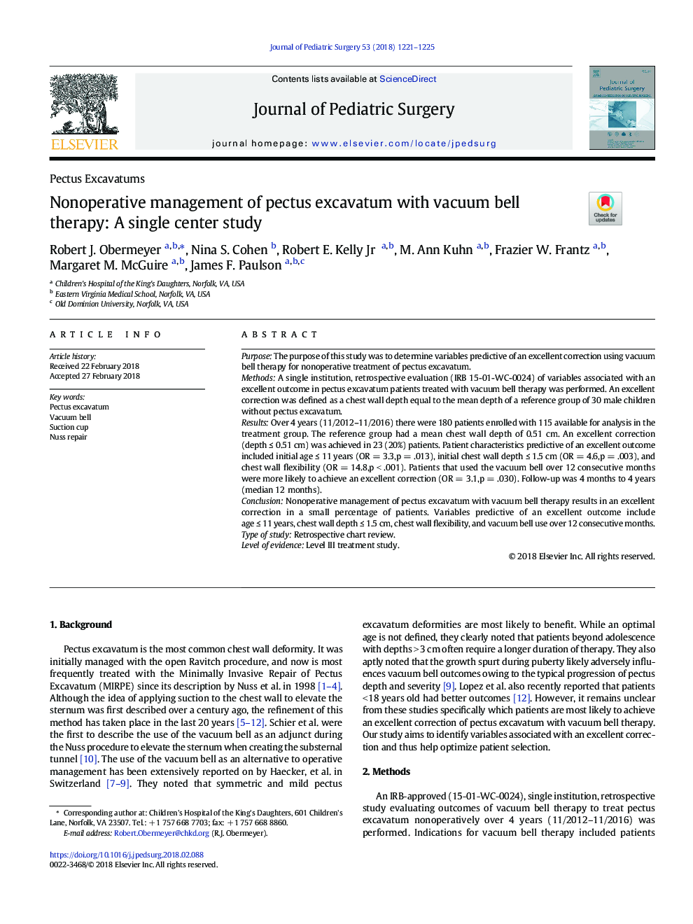 Nonoperative management of pectus excavatum with vacuum bell therapy: A single center study