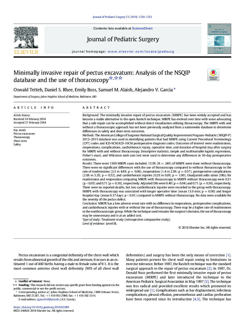 Minimally invasive repair of pectus excavatum: Analysis of the NSQIP database and the use of thoracoscopy