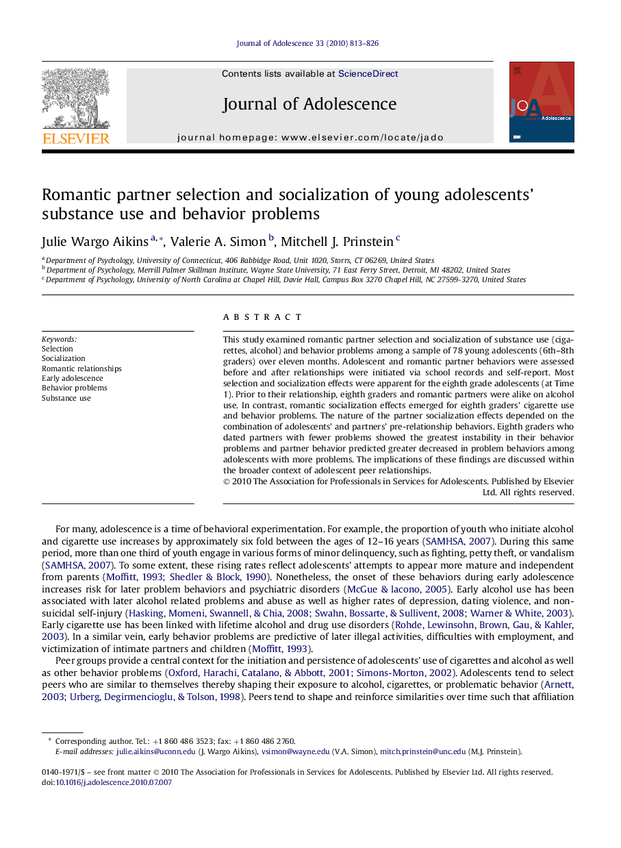 Romantic partner selection and socialization of young adolescents’ substance use and behavior problems